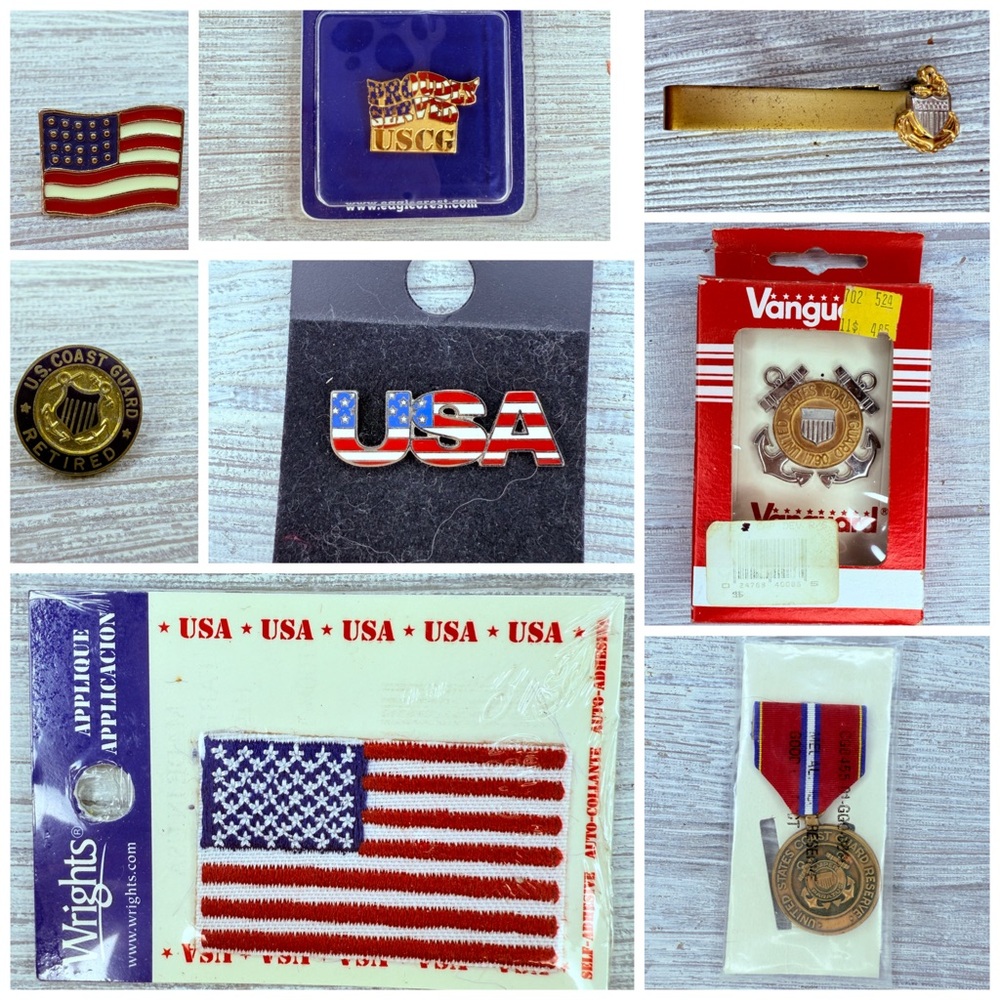 Bundle of retired coast guard metals / America pins , flags accessories tie clip